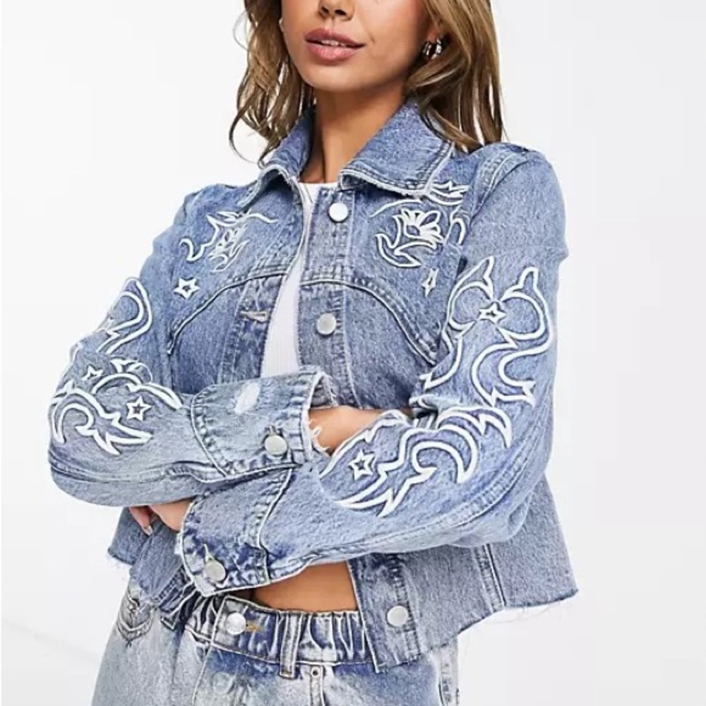 Stradivarius Denim Jacket with western embroidery size L